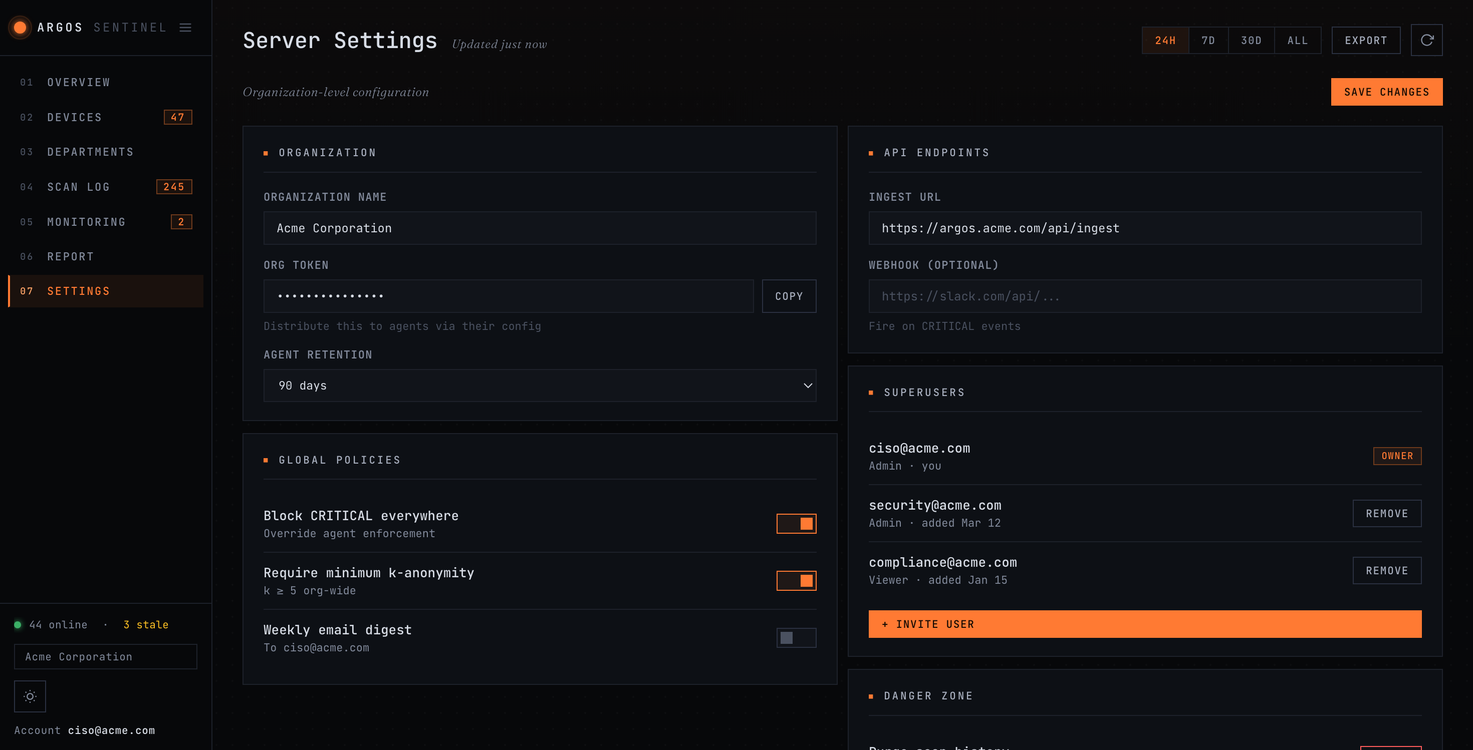 Executive Portal, Server Settings